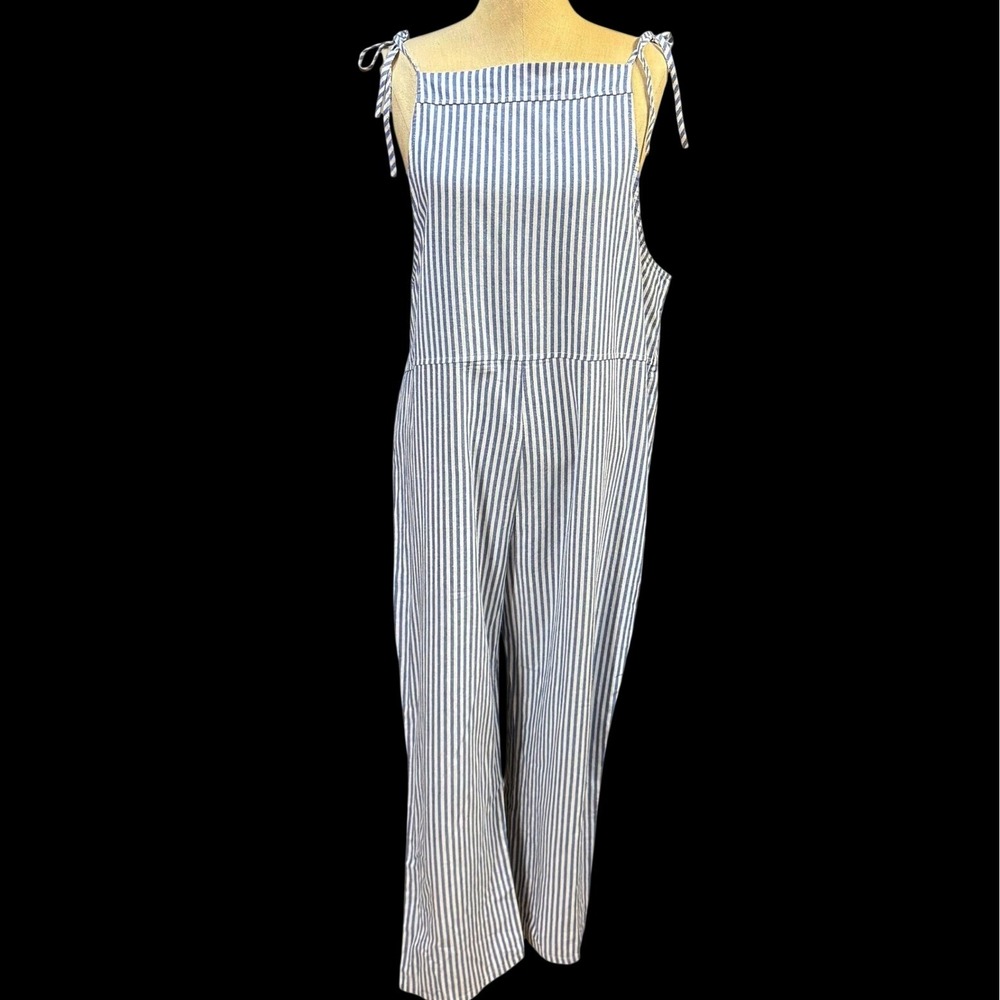 Striped Blue L Tie Shoulder Wide Leg Jumpsuit Overall Preppy Cotton Summer Cute